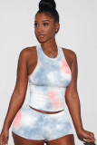 celadon Fashion Casual adult Ma'am Patchwork Print Tie Dye contrast color Two Piece Suits pencil Sleeveless Two Pieces