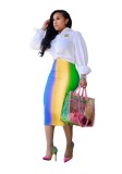 Blue Pink As Show Polyester Elastic Fly Sleeveless High Patchwork Print Gradient Hip skirt Pants Bottoms
