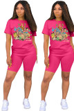 Roze mode casual volwassen patchwork print karakter tweedelige pakken rechte korte mouwen twee stukken