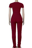 Wine Red Casual Sexy Two Piece Suits Patchwork Solid pencil Short Sleeve 