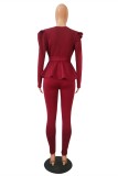 Wine Red Celebrities Fashion adult Stringy selvedge Patchwork Two Piece Suits ruffle Solid pencil L