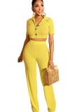 Yellow Casual Solid Straight Short Sleeve Two-piece Pants Set