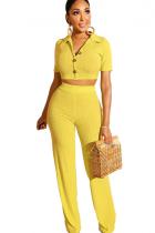 Yellow Polyester Casual Solid Straight Short Sleeve  Two-piece Pants Set