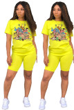 Gele mode casual volwassen patchwork print karakter tweedelige pakken rechte korte mouwen twee stukken