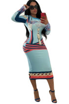 Синее сексуальное модное платье-карандаш с длинными рукавами и круглым вырезом с принтом до колен