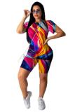 Многоцветный модный повседневный костюм из двух предметов с принтом в стиле пэчворк для взрослых, прямой, с коротким рукавом, из двух предметов
