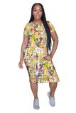 Multi-color Fashion adult Street White Black Grey Orange Yellow Black Green cartoon Multi-color Cap Sleeve Short Sleeves O neck A-Line Mid-Calf Print Patchwork Ombre bandage Colouring Dresses