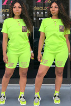 Fluorescent green Fashion Casual adult Ma'am Patchwork Print Two Piece Suits pencil Short Sleeve Two Pieces
