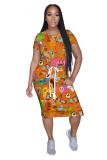 Multi-color Fashion adult Street White Black Grey Orange Yellow Black Green cartoon Multi-color Cap Sleeve Short Sleeves O neck A-Line Mid-Calf Print Patchwork Ombre bandage Colouring Dresses