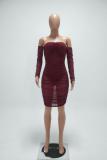Wine Red Sexy Off The Shoulder Long Sleeves One word collar Step Skirt Knee-Length hollow out backl
