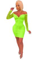 Флуоресцентно-зеленый модный знаменитостей, сексуальный с открытыми плечами и длинными рукавами, одно слово, воротник, ступенчатая юбка, мини Mes