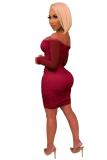 Wine Red Fashion Celebrities Sexy Off The Shoulder Long Sleeves One word collar Step Skirt Mini Mes