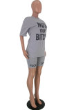 Grey Blends Fashion Active Casual Letter Patchwork Print pencil Short Sleeve Two Pieces