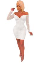 Белая мода знаменитостей сексуальная с открытыми плечами с длинными рукавами одно слово воротник ступенчатая юбка Mini Mes