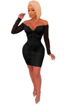 Черная мода знаменитостей, сексуальная юбка с открытыми плечами и длинными рукавами, одно слово, ступенчатая юбка, мини Mes