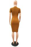 Oranje Mode volwassen Straat Wit Zwart Bruin Oranje Kapmouw Korte mouwen O-hals Asymmetrisch Patchwork Effen asymmetrische jurken