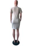 Silver Fashion adult Lightly cooked White Black Silver Cap Sleeve Short Sleeves O neck Straight Knee-Length Print Patchwork lip chain Dresses