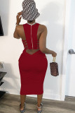 Vit Mode Casual vuxen fru Vit Röd Svart Blå Off The Shoulder Ärmlös O-hals Asymmetrisk Mid-Calf Patchwork Solid rygglös ihåliga asymmetriska klänningar