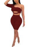 Wine Red Fashion Sexy adult Patchwork Solid backless Two Piece Suits pencil Half Sleeve Two Pieces