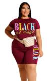 Wine Red Fashion Casual adult O Neck Letter Patchwork Print Two Piece Suits Stitching Plus Size