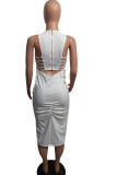 White Fashion Casual adult Ma'am White Red Black Blue Off The Shoulder Sleeveless O neck Asymmetrical Mid-Calf Patchwork Solid backless hollow out asymmetrical Dresses