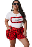 Red Fashion Casual adult Ma'am O Neck Patchwork Print Two Piece Suits Stitching Plus Size