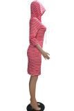 Yellow Fashion Casual adult Ma'am Red Black Pink Yellow Cap Sleeve 3/4 Length Sleeves Hooded Step Skirt Knee-Length Striped Dresses