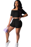 Black Fashion Sexy adult Ma'am Patchwork Solid Two Piece Suits Straight Short Sleeve Two Pieces