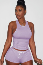 Фиолетовый вязаный сексуальный лоскутный костюм из двух предметов, однотонный, прямой, без рукавов, короткий комплект из двух предметов