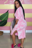 ピンクファッションカジュアル大人奥様ピンクキャップスリーブ半袖 O ネックステップスカートミッドカーフプリントドレス
