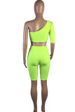 Fluorescerande grönt Mode Sexigt lapptäcke för vuxen Solid rygglös tvådelad kostym penna halvärm två delar