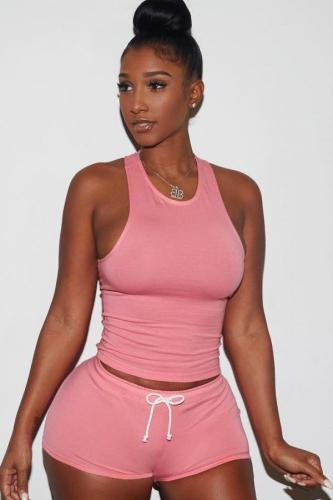 Pink knit Sexy Patchwork Two Piece Suits Solid Straight Sleeveless Two-Piece Short Set