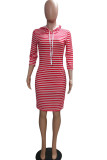 Pink Fashion Casual adult Ma'am Red Black Pink Yellow Cap Sleeve 3/4 Length Sleeves Hooded Step Skirt Knee-Length Striped Dresses