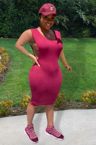 Wine Red Fashion adult Street Red Black Grey Wine Red Tank Sleeveless Slip Step Skirt Knee-Length Patchwork Solid split Dresses