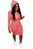 Red Fashion Casual adult Ma'am Red Black Pink Yellow Cap Sleeve 3/4 Length Sleeves Hooded Step Skirt Knee-Length Striped Dresses