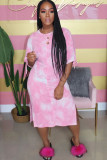 Розовая модная повседневная розовая юбка с короткими рукавами и круглым вырезом для взрослых, мэм, ступенчатая юбка до середины икры с принтом