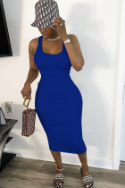 Blue Fashion Casual adult Ma'am White Red Black Blue Off The Shoulder Sleeveless O neck Asymmetrical Mid-Calf Patchwork Solid backless hollow out asymmetrical Dresses