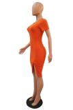 Orange Fashion adult Street White Black Brown Orange Cap Sleeve Short Sleeves O neck Asymmetrical Patchwork Solid asymmetrical Dresses