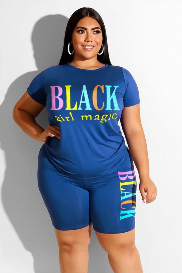 Blue Fashion Casual adult O Neck Letter Patchwork Print Two Piece Suits Stitching Plus Size