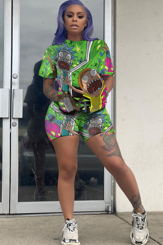 Green Fashion Casual adult Ma'am Patchwork Print Two Piece Suits pencil Half Sleeve Two Pieces