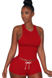 Red knit Sexy Patchwork Two Piece Suits Solid Straight Sleeveless Two-Piece Short Set