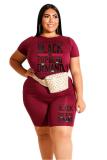 Wine Red Fashion Casual adult O Neck Letter Patchwork Print Two Piece Suits Plus Size