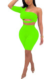 Verde fluorescente moda sexy adulto retalhos sólido sem costas ternos de duas peças lápis meia manga duas peças