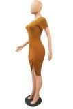 オレンジファッション大人ストリート白黒ブラウンオレンジキャップスリーブ半袖 O ネック非対称パッチワーク固体非対称ドレス