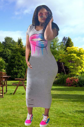 Grey Fashion adult OL Black Grey Cap Sleeve Short Sleeves O neck Asymmetrical Mid-Calf Print Patchwork hole lip Dresses