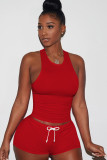 Red knit Sexy Patchwork Two Piece Suits Solid Straight Sleeveless Two-Piece Short Set