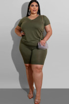 Army Green Fashion Casual adult Ma'am O Neck Patchwork Solid Two Piece Suits Plus Size