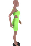 Флуоресцентный зеленый молочный шелк, модный повседневный костюм для взрослых в стиле пэчворк, сплошной костюм из двух предметов, прямой, без рукавов, из двух предметов