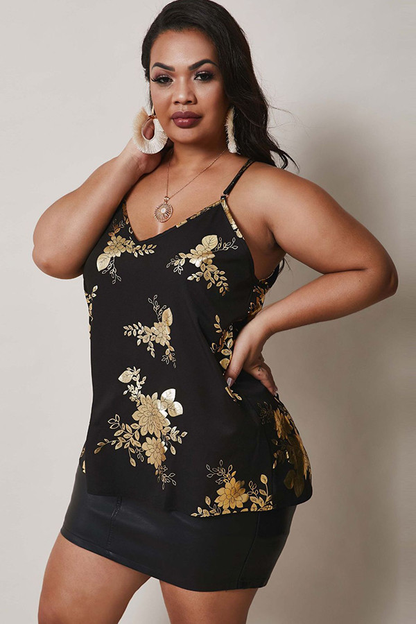 Black Fashion Sexy adult Ma'am V Neck Print Pattern Plus Size