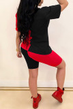 赤と黒のベネチアンファッションカジュアル大人奥様パッチワークプリントツーピーススーツペンシル半袖ツーピース